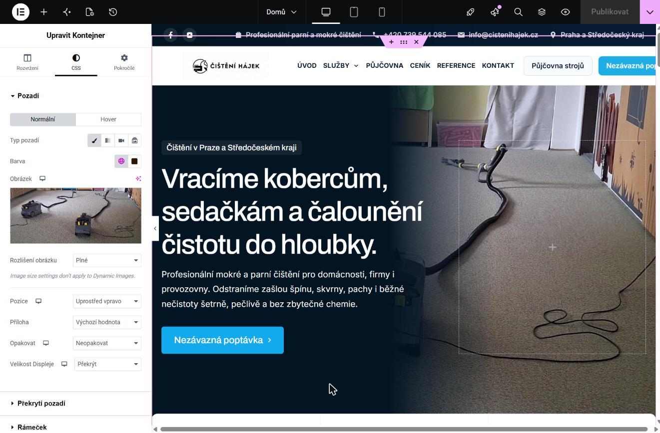 Úprava pozadí sekce v Elementoru