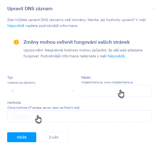 Úprava DNS záznamu